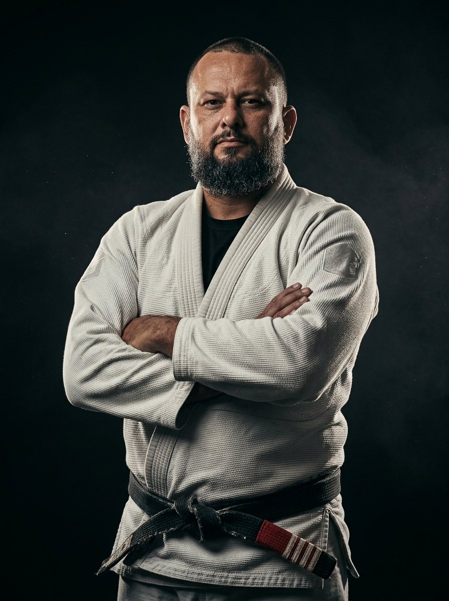 Rafael Lang de quimono, faixa preta amarrada