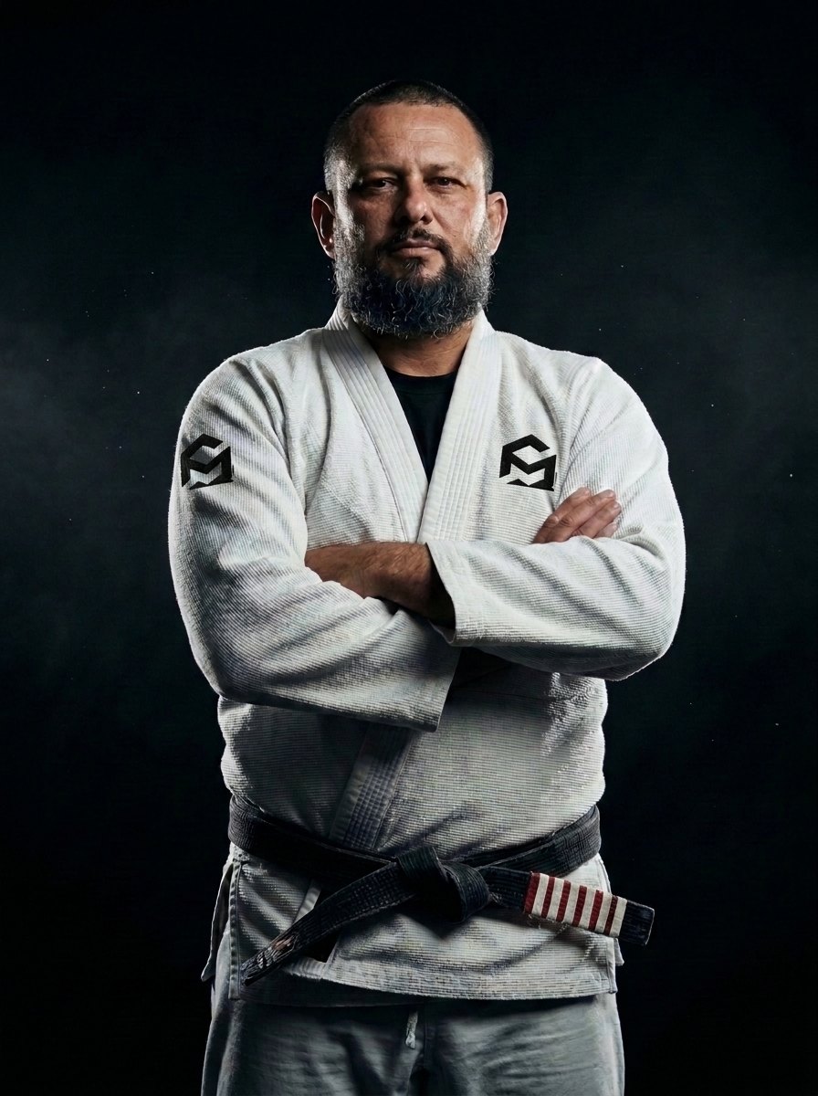 Professor Rafael Lang de quimono branco e faixa preta com cinco graus, braços cruzados